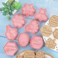 8pcsset cartoon cute bee cookie cutters plastic pressable biscuit mold fondant cookie stamp kitchen pastry baking tools