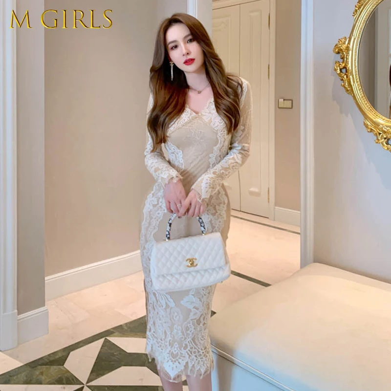 

M GIRLS Fashion Korean Autumn Vintage V-Neck Long Sleeve Long Dress Women OL Elegant Lace Embroidery Skinny Bodycon Female
