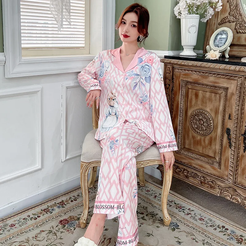 2023 Autumn Pajamas Rabbit Rose Women's Ice Silk Long Sleeve Thin Women's Casual Homewear Suit