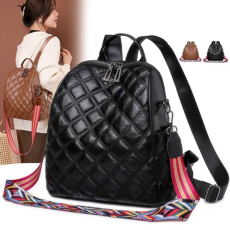 

Brand Leather Ladies Backpack Fashion Lozenge School Bag Ribbon Shoulder Bag Multifunctional Travel Backpack Luxury Black