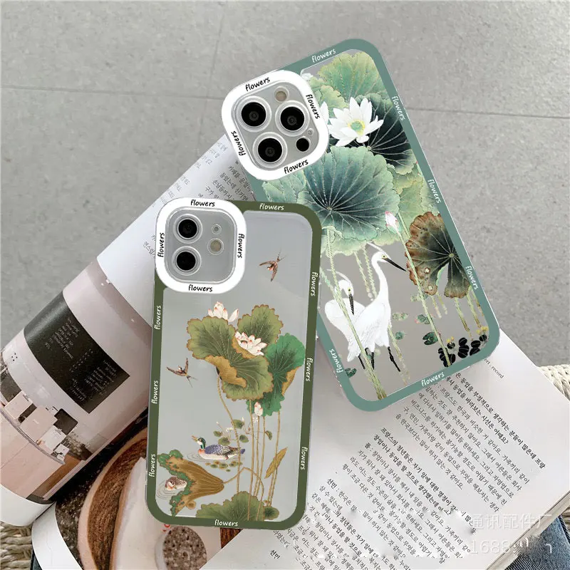 

Lotus Pink White Flowers Green Leaf White Crane Clear Phone Case For iPhone 11 13 12 14 Pro Max 7 8 Plus SE2 X XR XS Back Cover