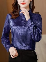 High-end Satin Shirt Women Silk Long-sleeved Blouse Thin Jacquard  Pullover Purfle Stand Collar Woman Blusas Retro Female Blouse
