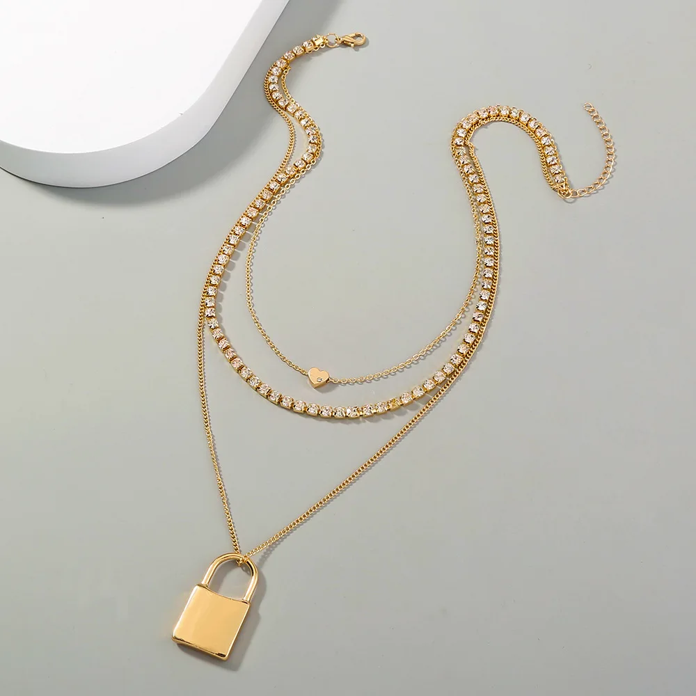 

Factory Necklace Street Shot Fashion Exaggerated Personality Lock Pendant Multi-Layer Stone Gold for Women