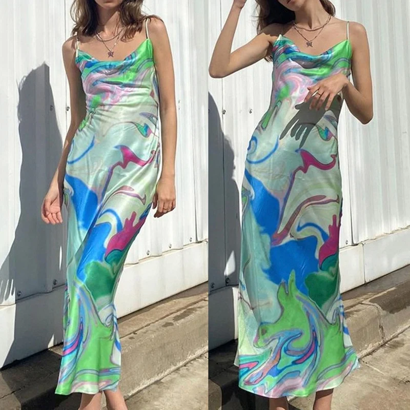

Women's Skirt Fashion Abstract Printed Sling Dress Women's Long Skirt Blue