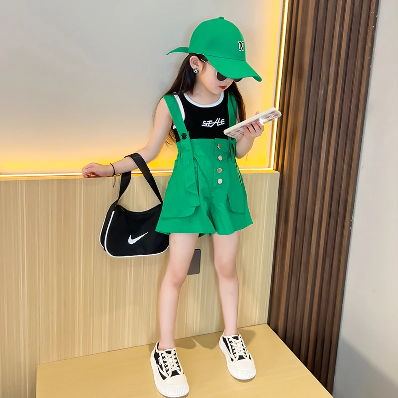 

Summer Girls 2 Pcs Set Or Toddler Vest Suspender Shorts Kids Suit Baby Outfit Children Clothes Fashion Letter Button Strap 4-13Y