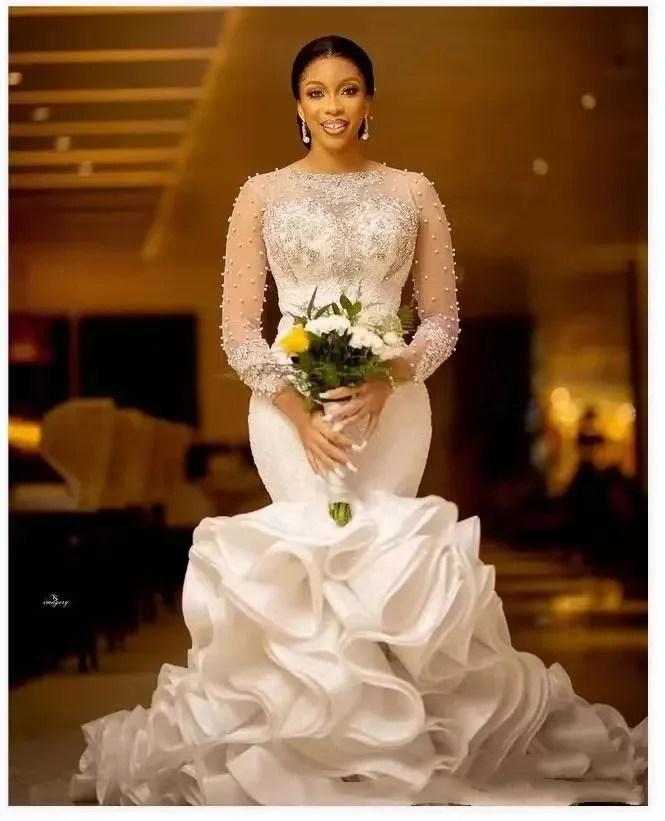 

Женское облегающее свадебное платье с юбкой-годе, кружевное платье с длинным рукавом и круглым вырезом, свадебное платье на шнуровке, новин...