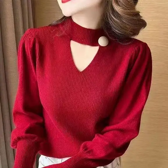 

2023 Autumn and Winter Bottoming Shirt Hanging Neck Sweater Carefully Machined Hollow Out Clavicle Knitted Top For women V495