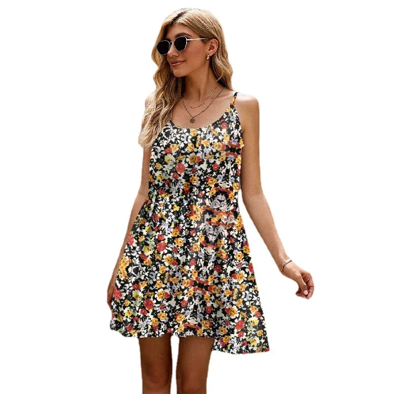 

Женское летнее платье на бретелях-спагетти, пикантная шифоновая юбка в европейском и американском стиле с цветочным принтом, облегающая ми...