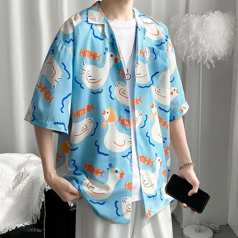 

Ins High Quality Chiffon Retro Duck Cartoon Cute Button Up Shirt Summer Beach Oversized Blouses Coats Unisex Kawaii Tops Hip Hop