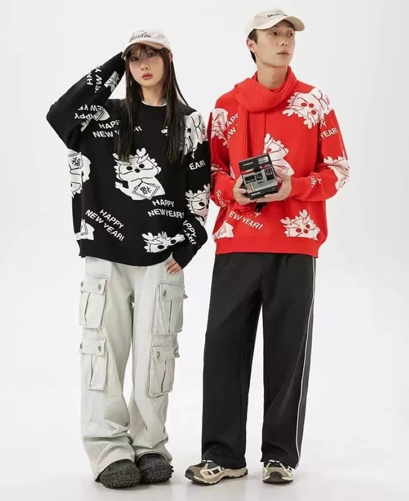 Китайский новогодний красный свитер Loong Element для мужчин и женщин модная свободная