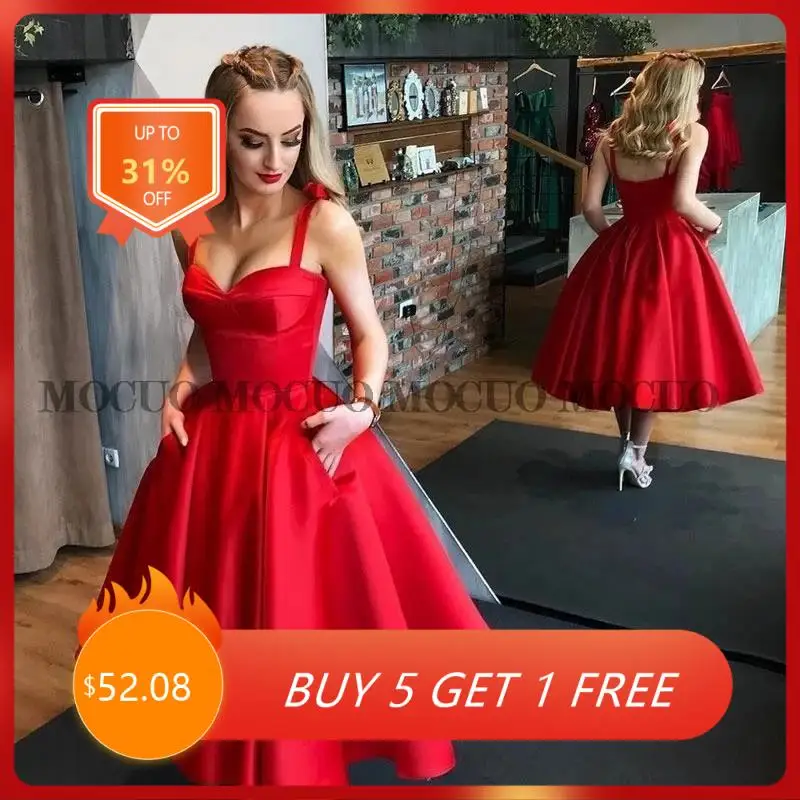 

Red Black Short Evening Party Dress Satin Tie Straps Sweetheart Prom Gowns Tea Length Graduation Dresses Plus Size