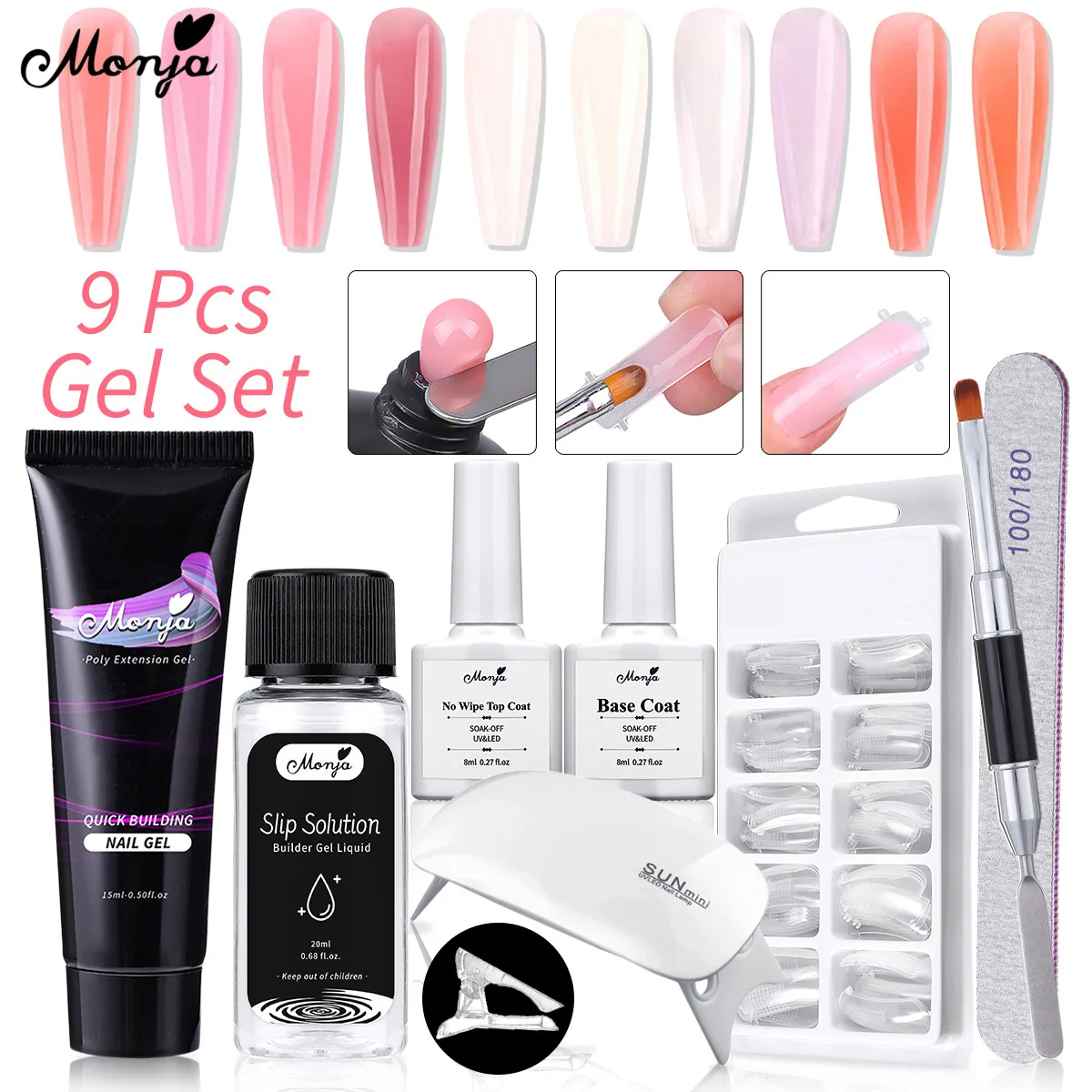 

Monja 9Pcs/Set Nail Art Extension Kit Acrylic UV Gel Slip Solution Nail Molds Dual End Brush Quick Building Manicure Sets