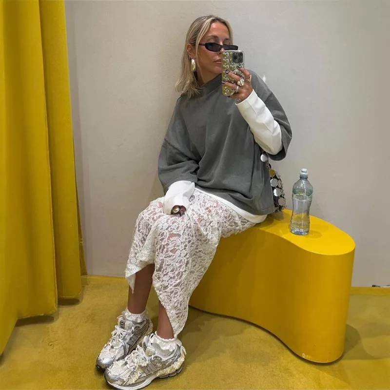 Женская белая кружевная юбка универсальная уличная трендовая полупрозрачная