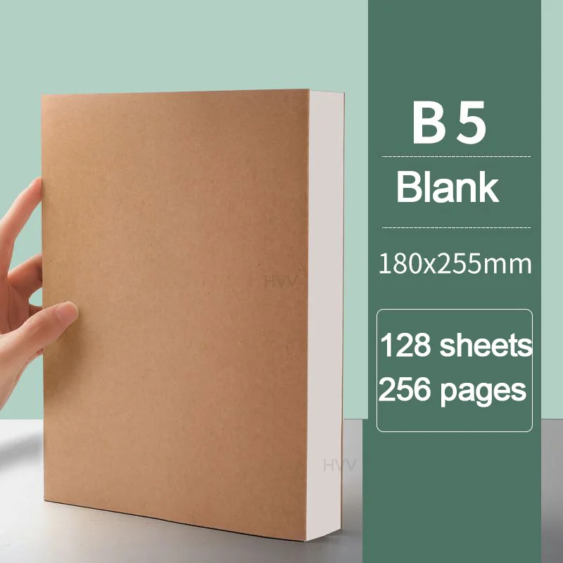 

256 страниц A5/B5, пустой блокнот из крафт-бумаги для студентов, утолщенный белый большой эскиз, черночная живопись, искусство