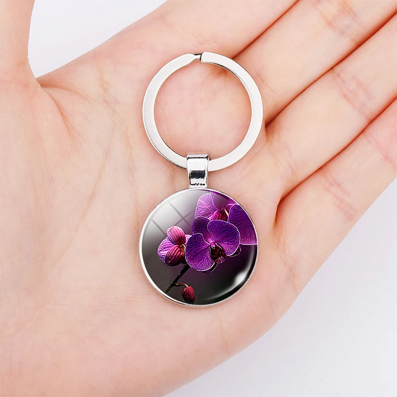 

TOPKEEPING Purple Orchid Keychain Nature Gem Pendant Art Flower Glass Dome Keyring Plant Metal Valentine's Day Gift