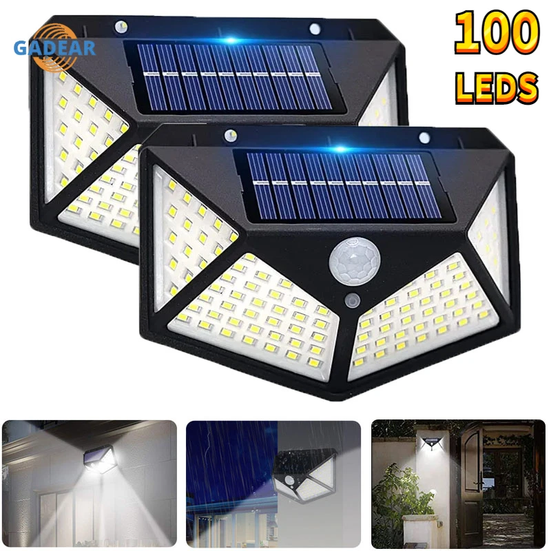 

100 LED Outdoor Solar Wall Lights Waterproof PIR Motion Sensor 270° Wide Angel Security Solar Lighting for Garden Decoration