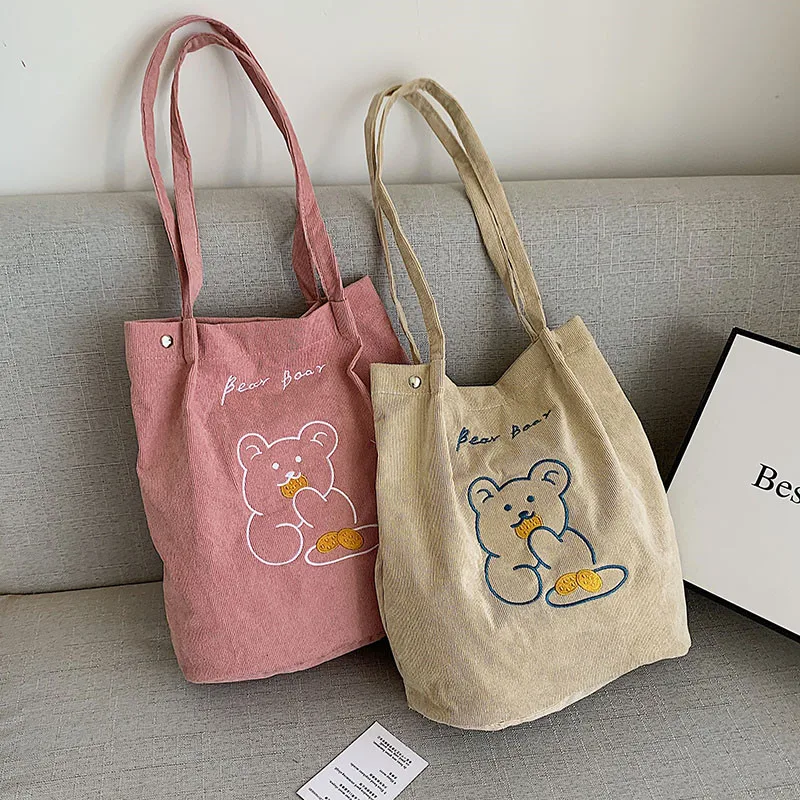 

Trend Corduroy Women Shopping Bags Reusable Cute Canvas Bag Casual Elegant Embroidery Large-capacity Tote Bag For Women