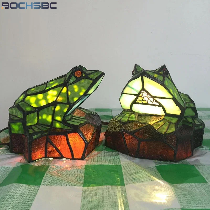 

BOCHSBC Tiffany Style Table Lamp Cock Turkey The Frog Prince Animals Desk Night Light Stained Glass Decor Handcraft LED Art Gift