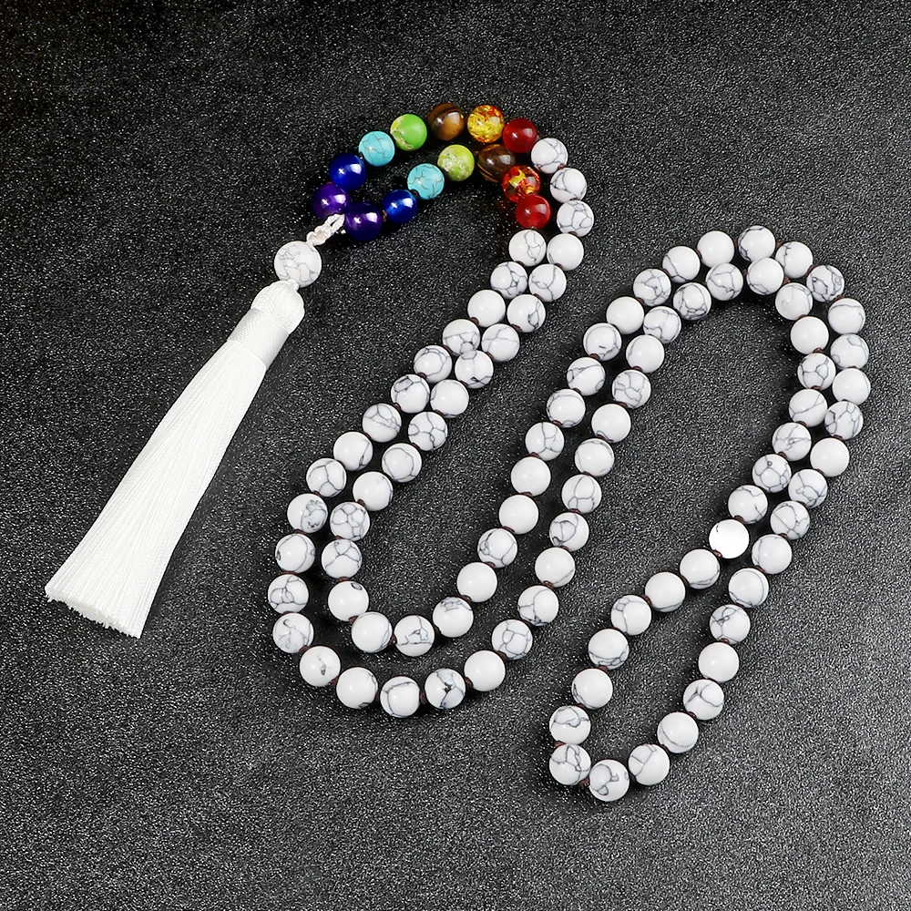 

Charm 108 Beads Mala Neckalce 8mm White Natural Stone 7 Chakra Healing Reiki Prayer Beaded Neckalce Yoga Meditation Jewelry Gift