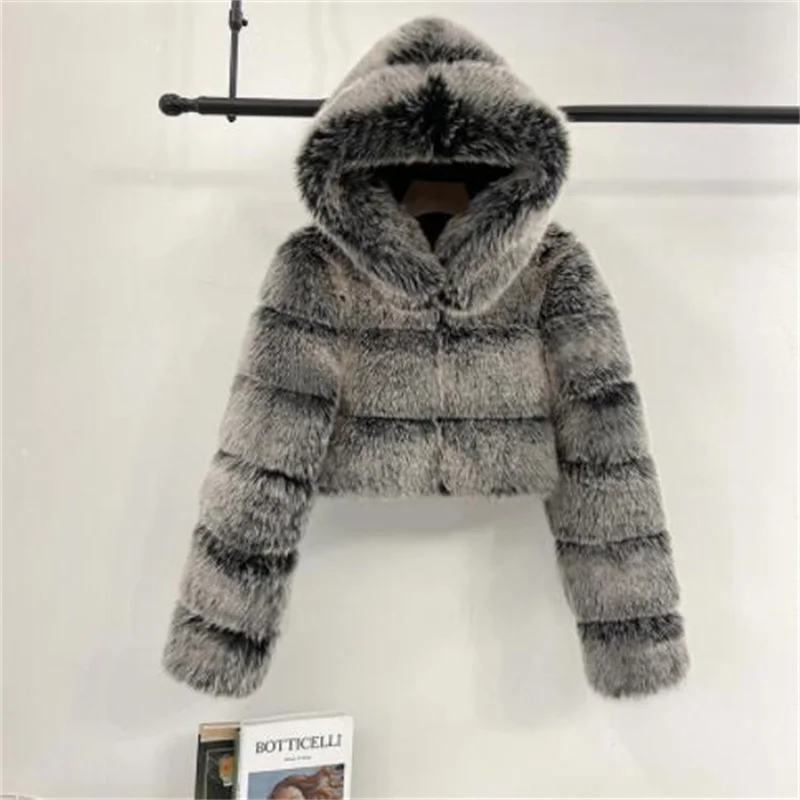 Patchwork fox fur jackets women short coats hooded faux fur clothes long sleeve pink black brown silver blue green spring winter