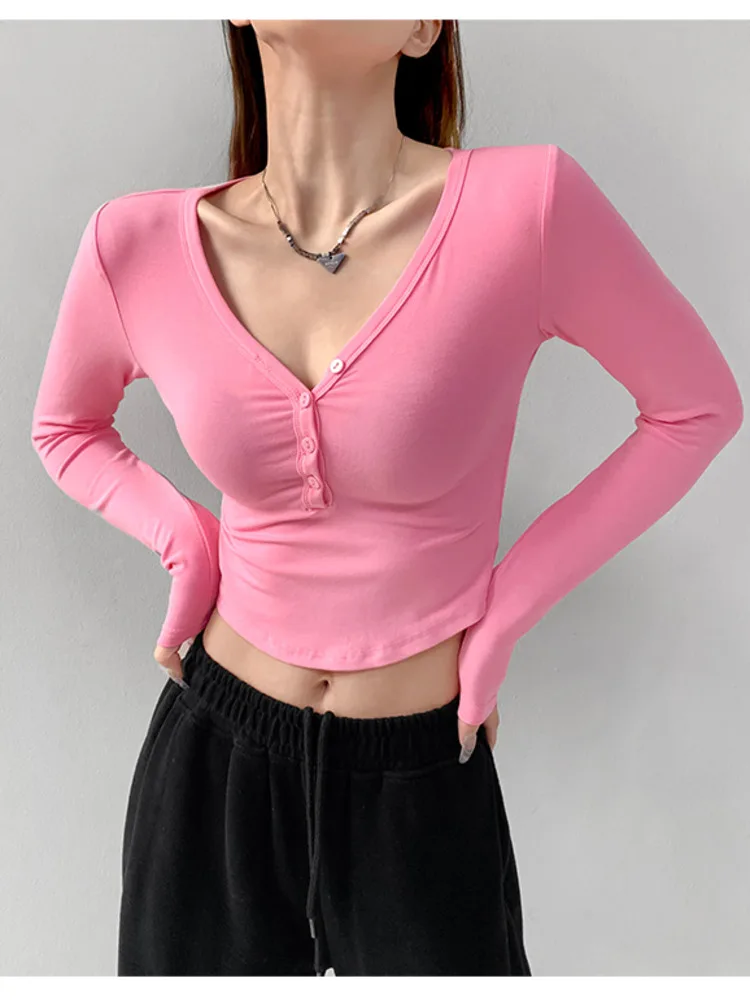 

Привлекательная облегающая Базовая рубашка womпорайзер с V-образным вырезом и пуговицами на груди, женская короткая облегающая футболка с дл...