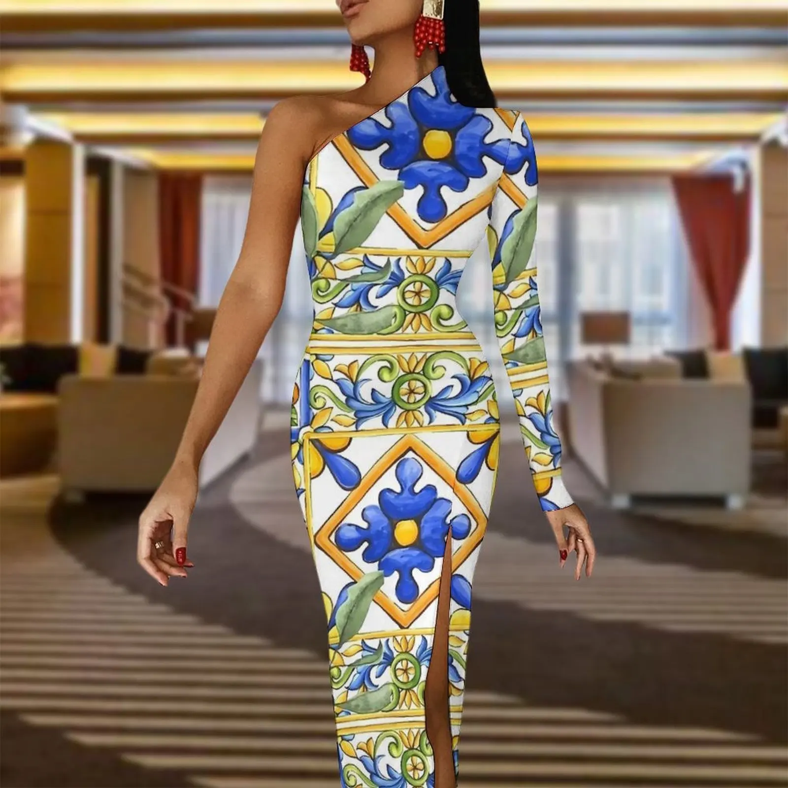 Majolica Лимонное платье макси с длинным рукавом и цветами цитрусовых плитка