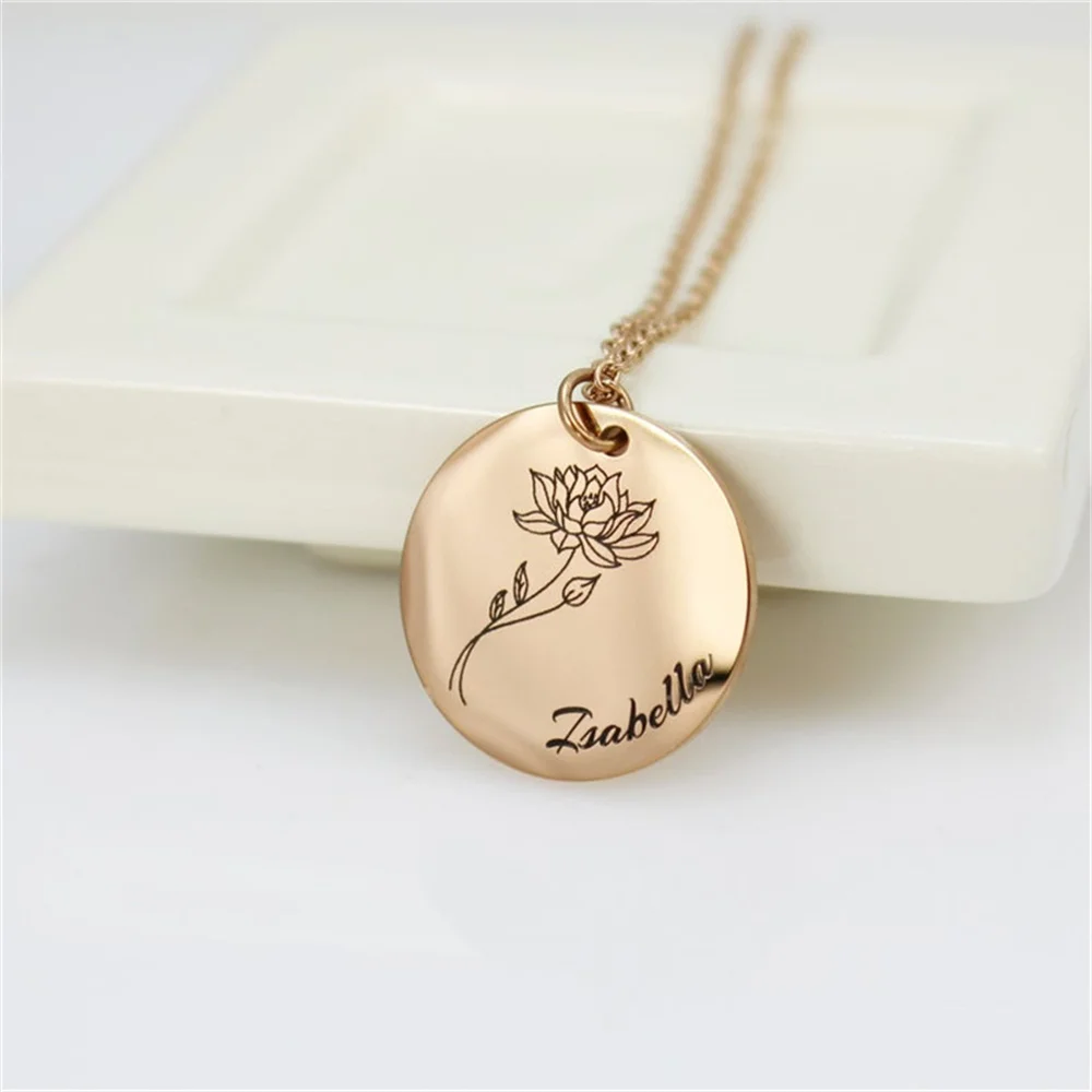 Personalized Women's Birth Flower Necklace Laser Engraved Name  Birth Moon Mom Necklace Stainless Steel Mom Birthday Gift