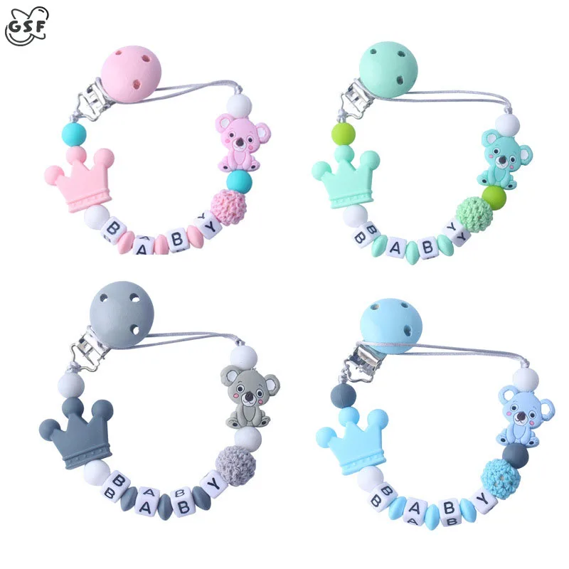 

Деревянные зажимы для соски-пустышки с именем ребенка на заказ, силиконовая Корона, застежка для соски, безопасная цепочка для детей, подарок для зубного захвата