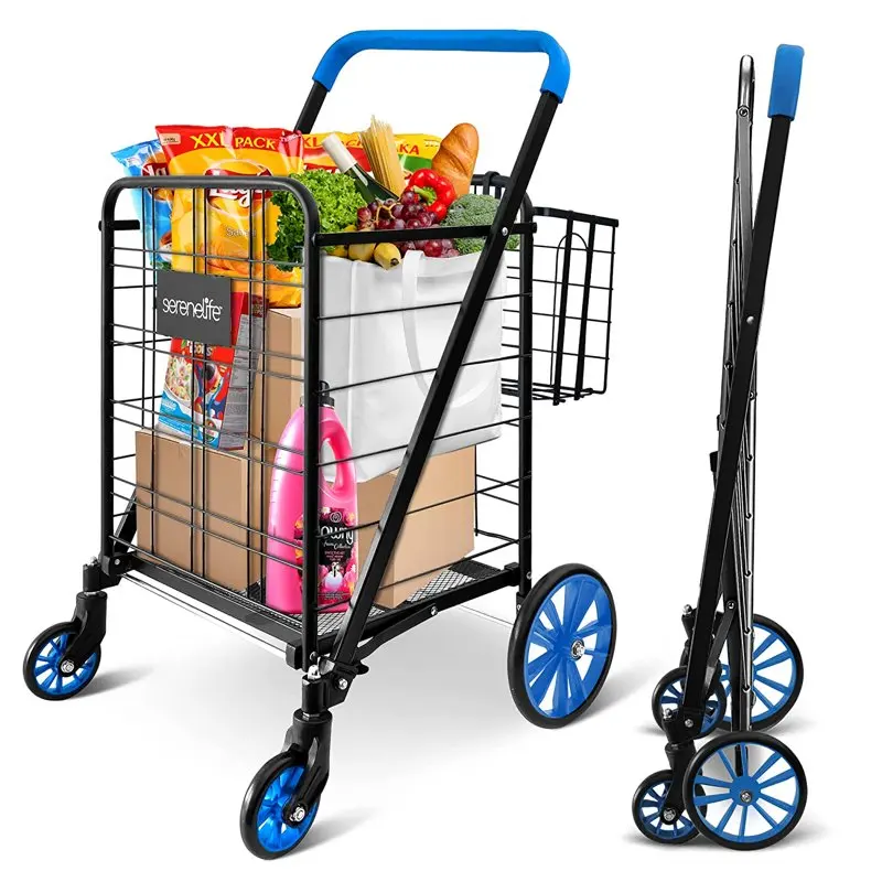 

Supermarket Cart Double Basket W/ 360 Rolling Swivel Wheels, Collapsible