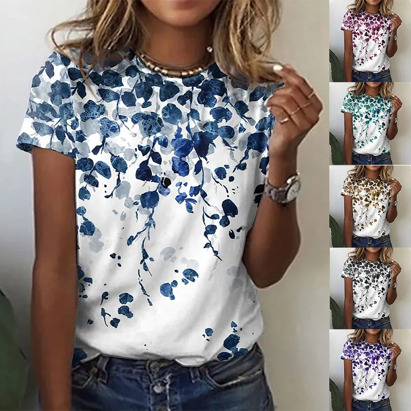 Женский базовый топ с цветочным принтом и круглым вырезом зеленый синий