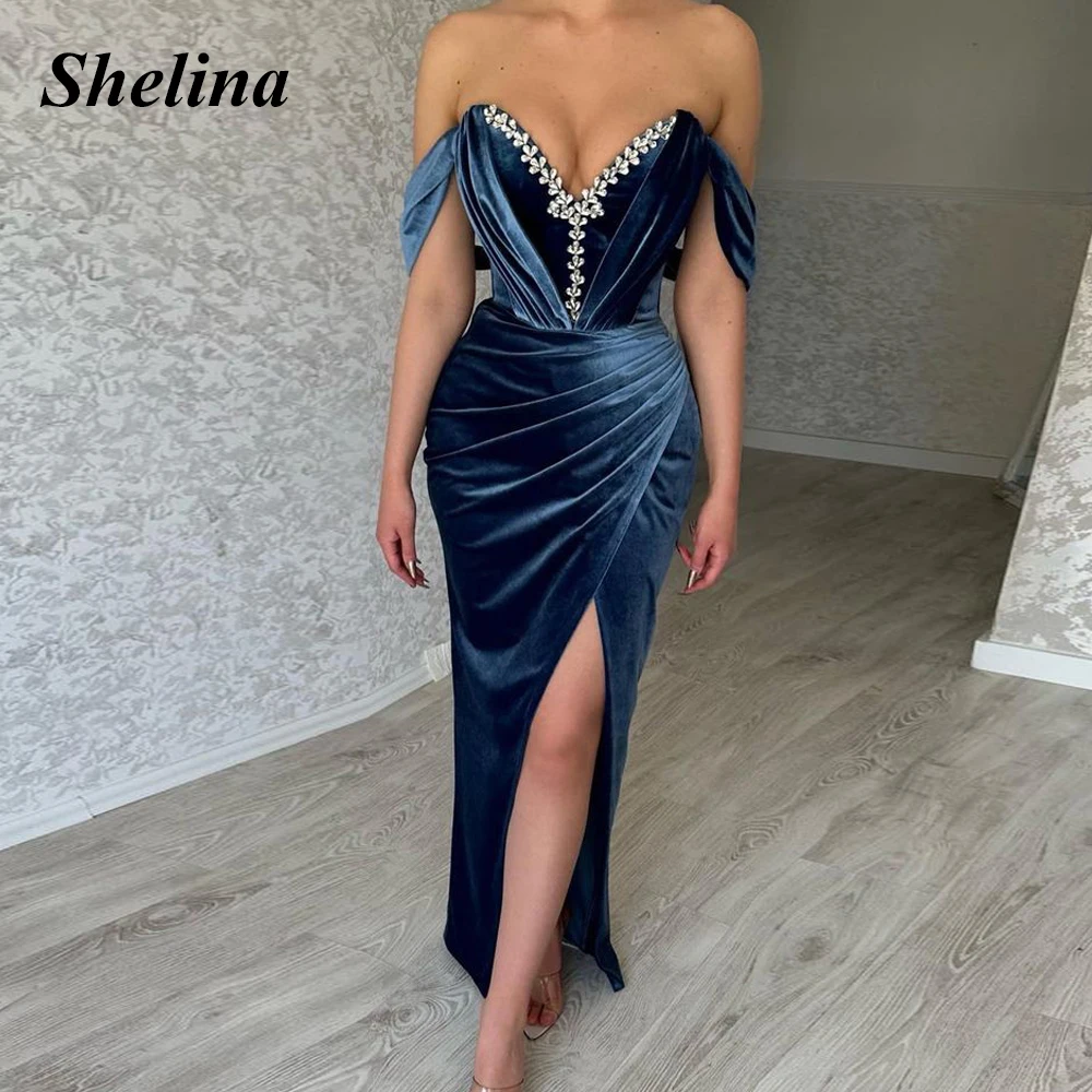 

Shelina Trendy V-neck Evening Dress Pleat Mermaid Off the Shoulder Crystal Split Celebrity Dresses Robes De Soirée Customized