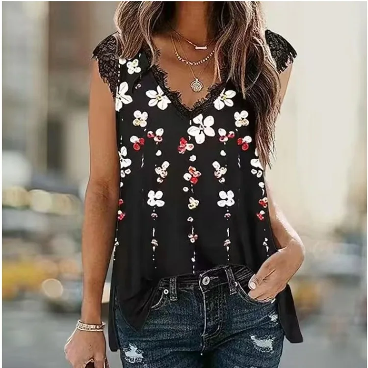 

2023 New Spring/Summer lace Splice Print V-Neck Short Sleeve Top Women's T-shirt women clothing