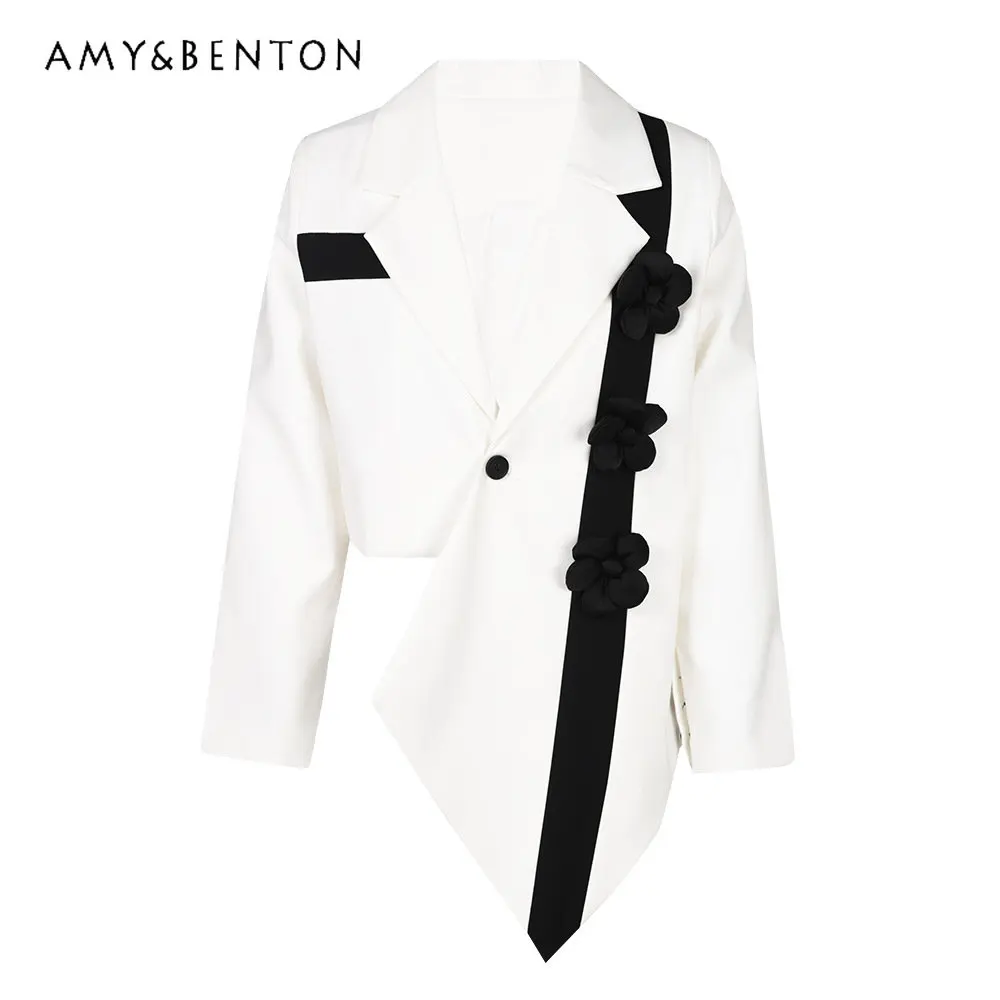 Irregular Stitching White Suit Women's Short Coat Spring Trend Niche Design Flower Decoration Contrast Color Blazer Jacket