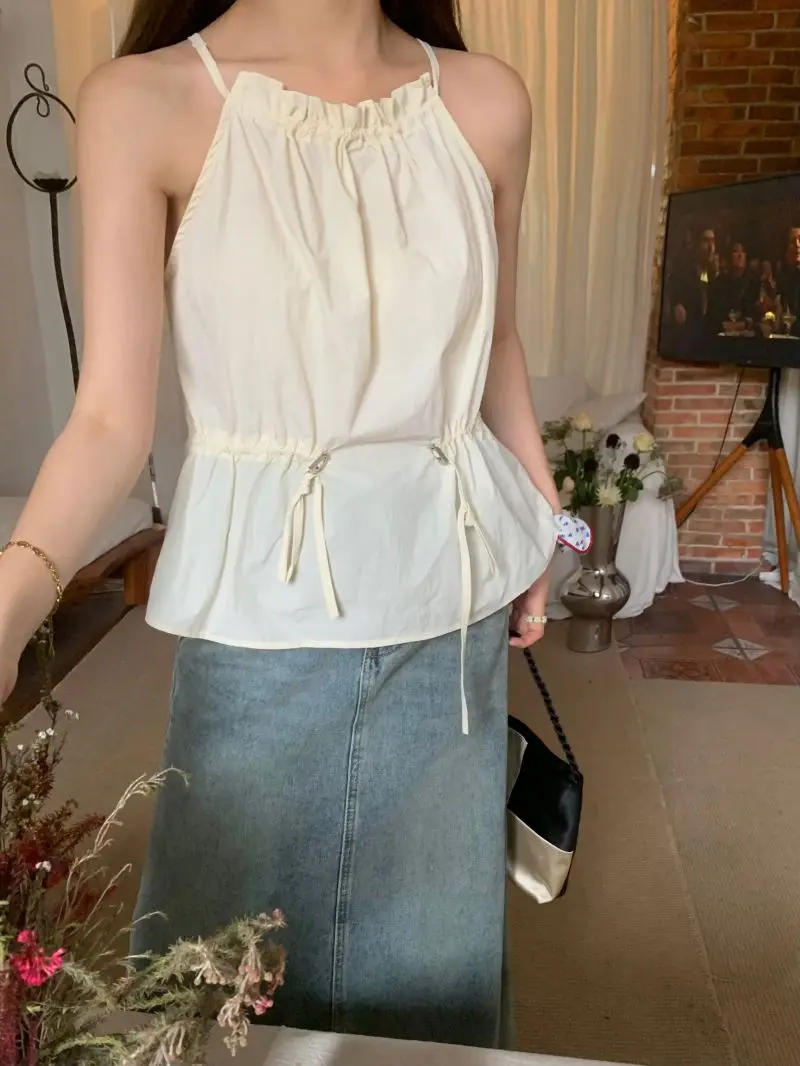 

Women's Drawstring Hanging Neck Sleeveless Vest Summer New Casual Sexy Female Solid Color Suspender Top