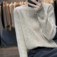 new autumn and winter pure wool womens round neck thickened hollow sweater loose casual fashion age reducing knitted top