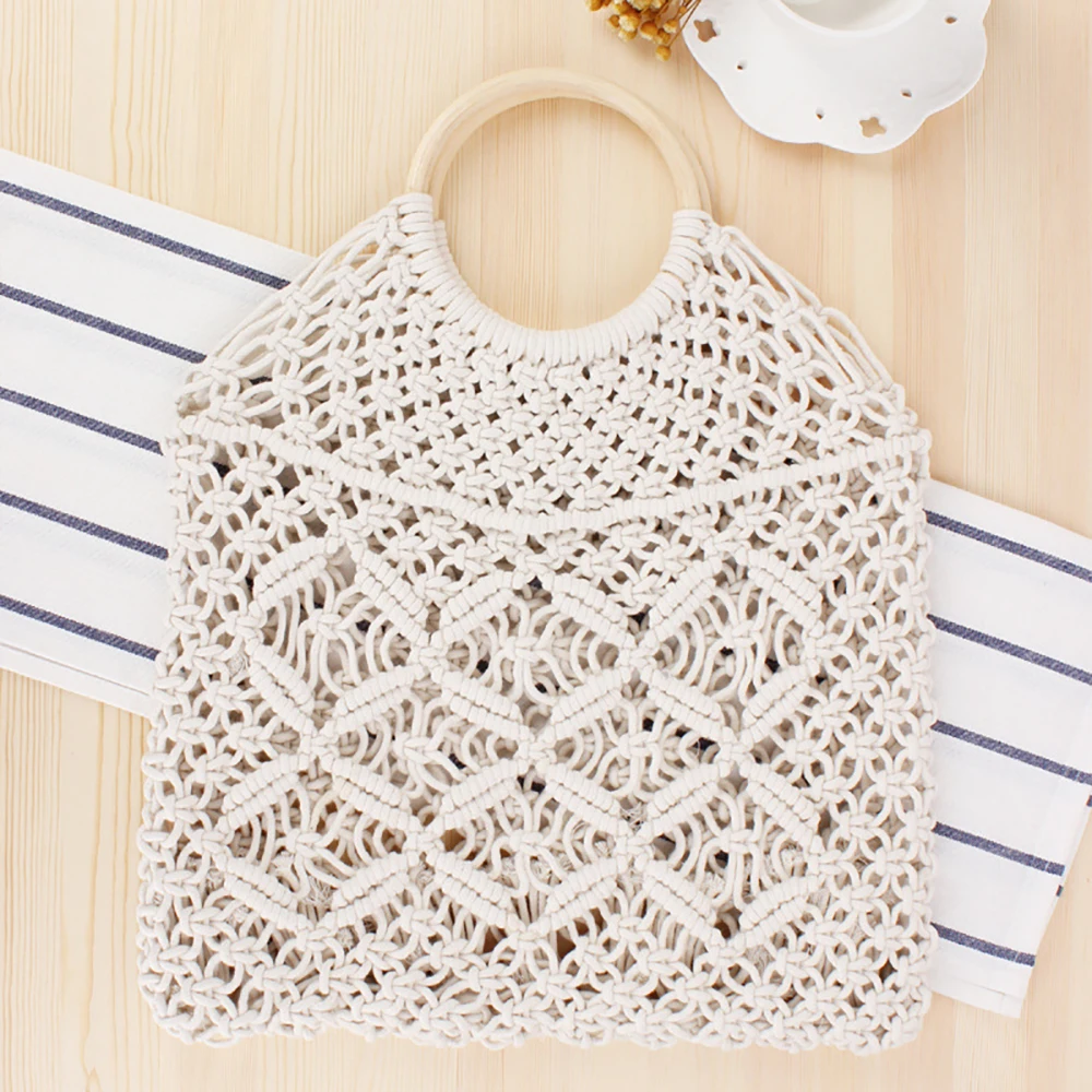 

Beach Bag Woven Of Women's Handmade Cotton Rope Hollow Pure Hand Bags For Women Totebag Tote Large Capacity Summer Vacation