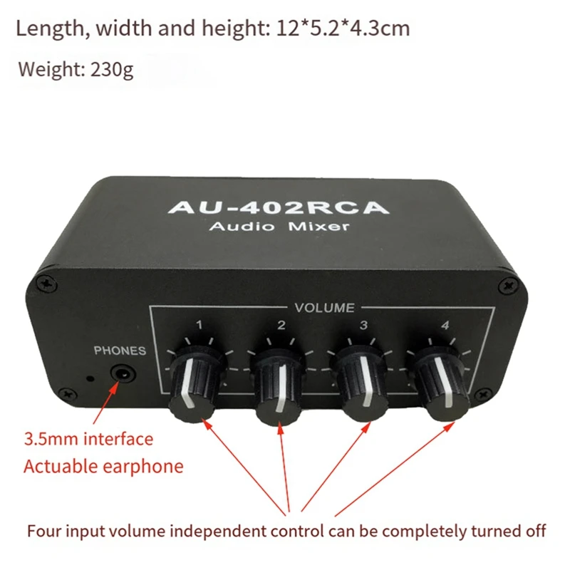 AU-402RCA Stereo Audio Mixer Multi-Channel Source Reverberator Volume Control 3.5Mm Headphone Driver 4 Input