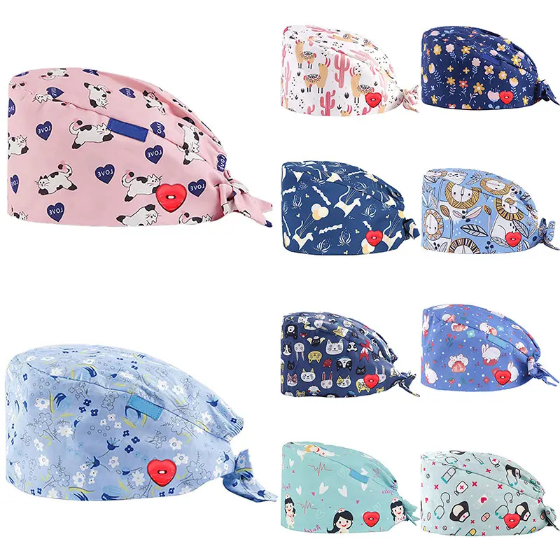 

surgery hat dentist Fashion Breathable Scrub Cap Printed Button Work Hat Casual Unisex Outdoors Nurse Work Hat For Home Worker