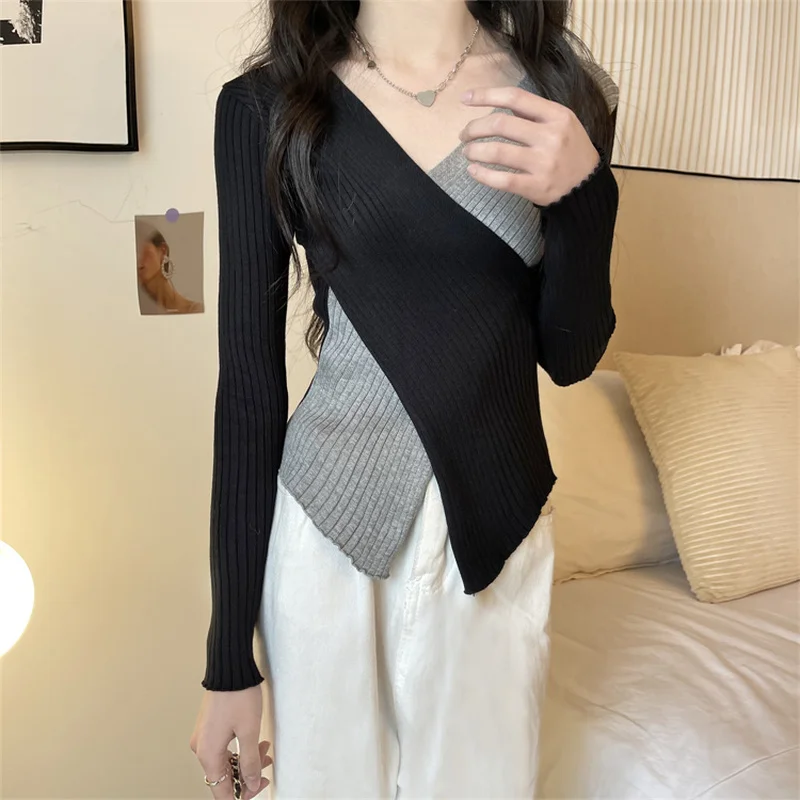 

Vintage Hipster Slim Ins Pullovers Hot Cozy Spring Daily Women Korean Elegant Fashion Female Sexy Sale V-neck Criss-cross Inside