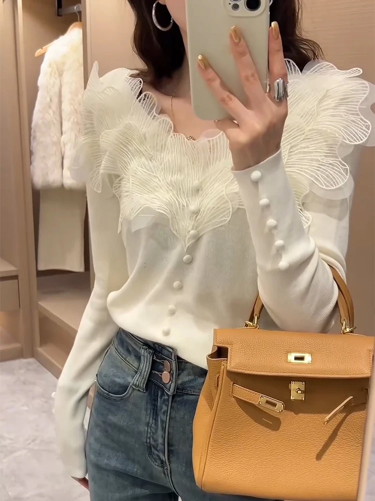 Французская изящная кружевная цветочная лоскутная трикотажная рубашка с