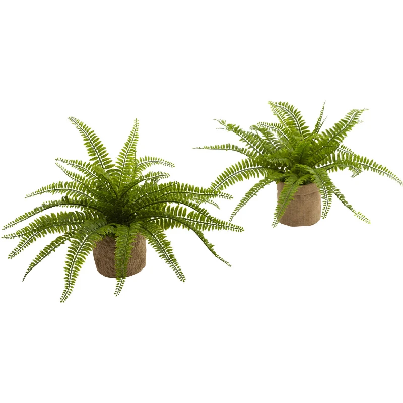 

15" Boston Fern Artificial Plant in Burlap Planter (Set of 2), Green