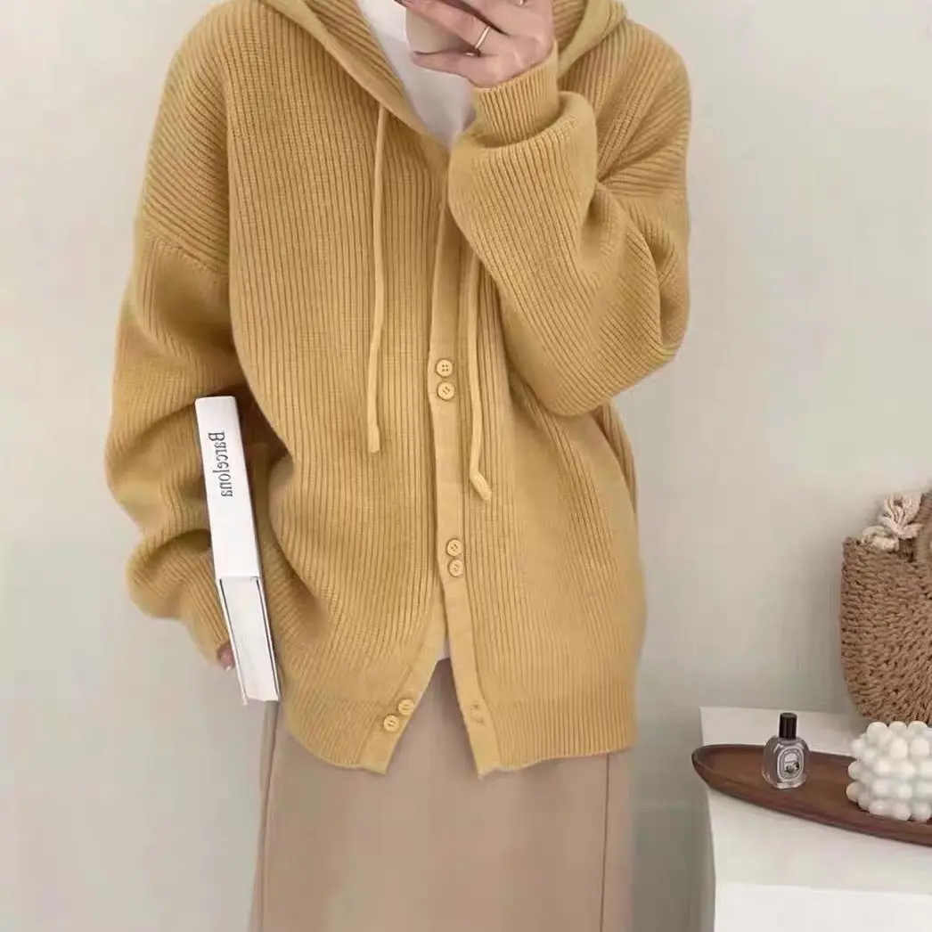 

2022 Autumn Winter Casual Single Breasted Hooded Knit Cardigan Women Korean Lazy Style Long Sleeves Loose Soft Women's Sweater