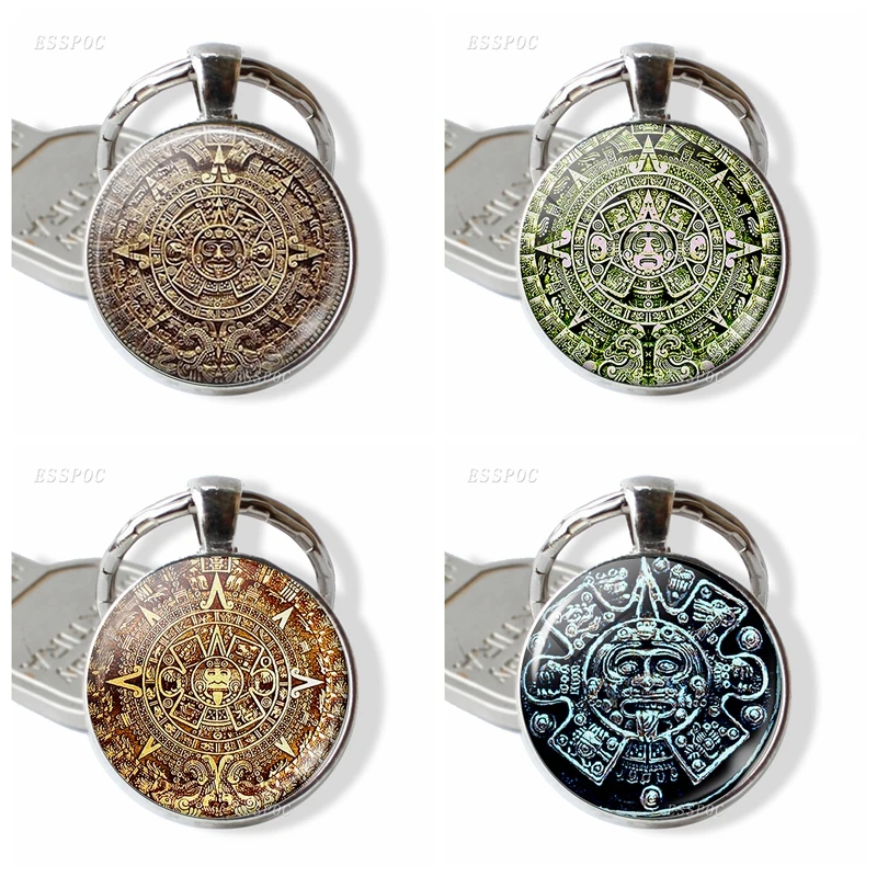 

Mayan Calendar Keychain Glass Cabochon Metal Jewelry Mayan Art Pendant Man Women Fashion Bag Accessories
