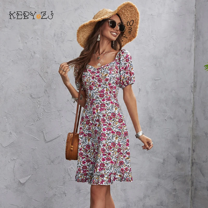 

KEBY ZJ Korean Dresses for Women Short Sleeve Floral Print Midi Dress Lady Summer Elegant Party Slim A-line Flower Bodycon Dress