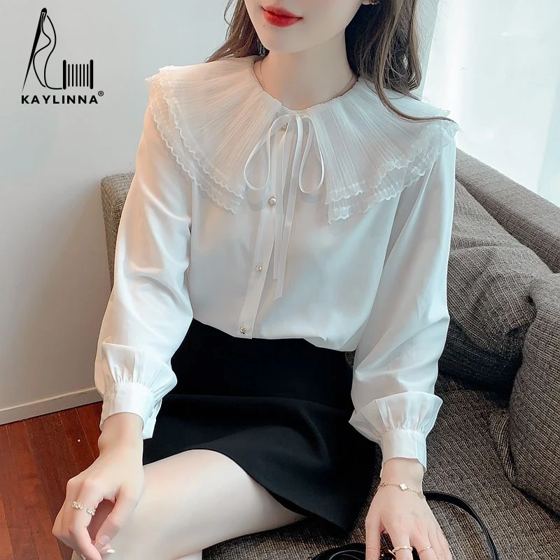 KAYLINNA 2022 Autumn Long Sleeve Loose Office Lady Blouse Shirt Women White Lace-up Casual Oversized Shirt Vintage Tops