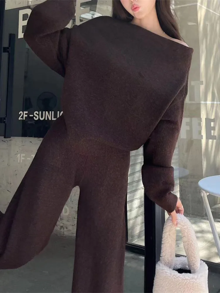 UCXQ Элегантные женские комплекты темпераментный трикотаж с вырезом на шее и