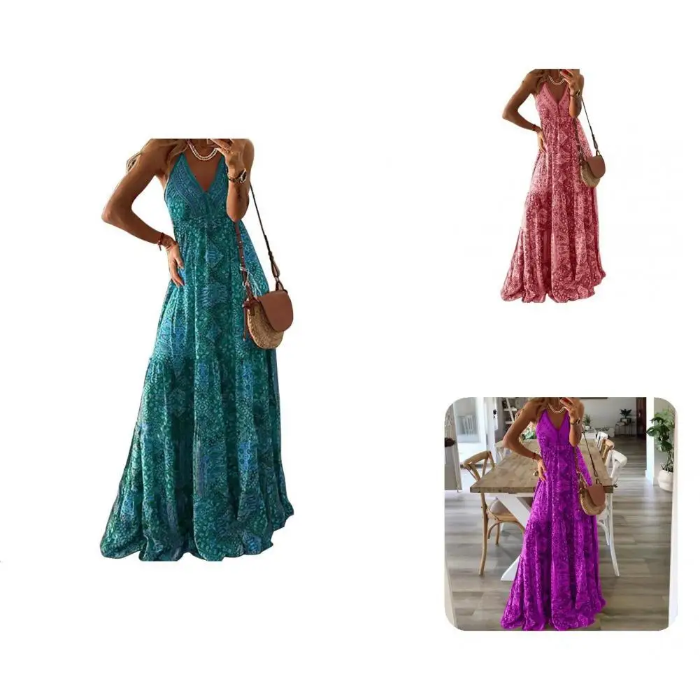 

Stylish Sling Dress Backless Summer Lady Dress Retro Print Strap Dress