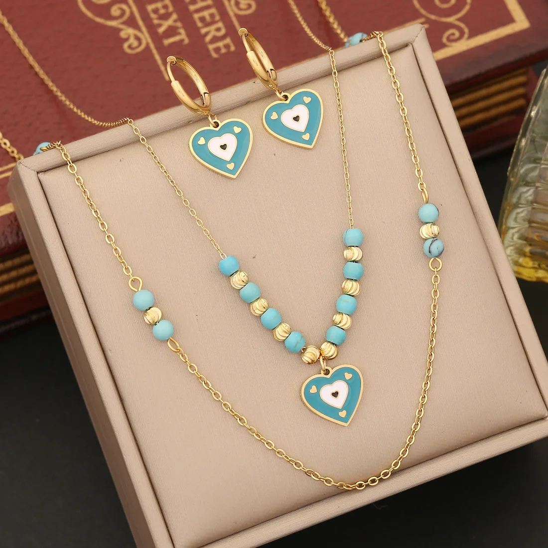 

New Stainless Steel Eye Heart Pendant Necklace For Women Fashion Turquoise Beads 2in1 Bohemian Jewelry Party Accessories