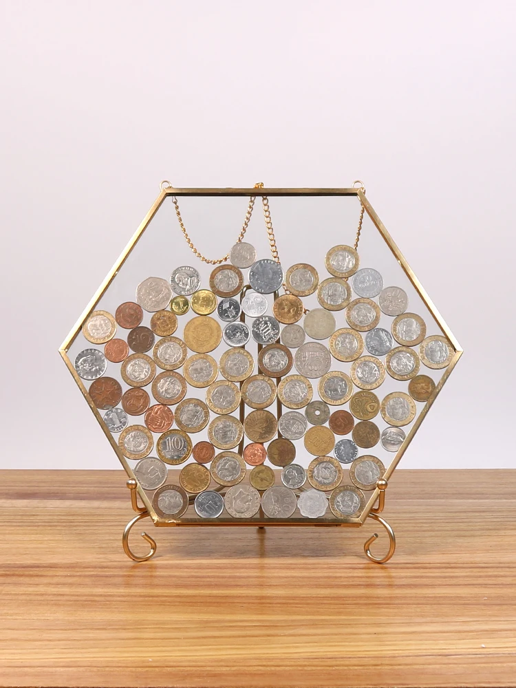 

Hexagonal Coin Money Box Display Frame Living Room Transparent Glass Piggy Bank Creative Wedding Gift tirelire Home Decoration