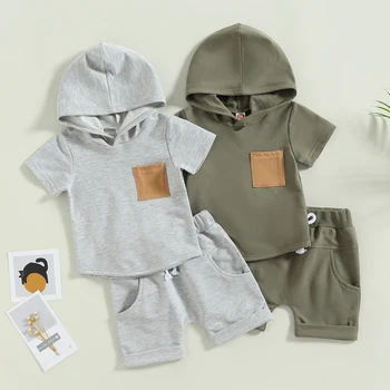 2023-01-31 Lioraitiin 0-3Years Baby Boys 2Pcs Summer Shorts Set Short Sleeve Hooded T-shirt with Elastic Waist Shorts Outfit 1